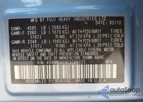 2012 Subaru Outback 2.5I from USA, damaged, VIN 4S4BRCAC6C3268123